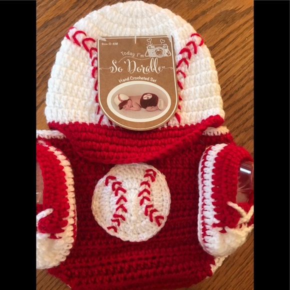 3 Piece Baseball Adorable Hand Crocheted Baby Set - Picture 2 of 7